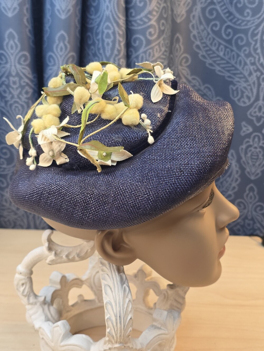 Vintage Robin New York Navy Straw Floral Millinery Hat Mid-Century RARE